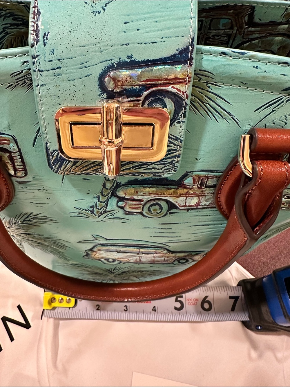 Brahmin Turquoise Palm Tree Print Satchel with Brown Handles Copa Cabana! - Picture 2 of 6